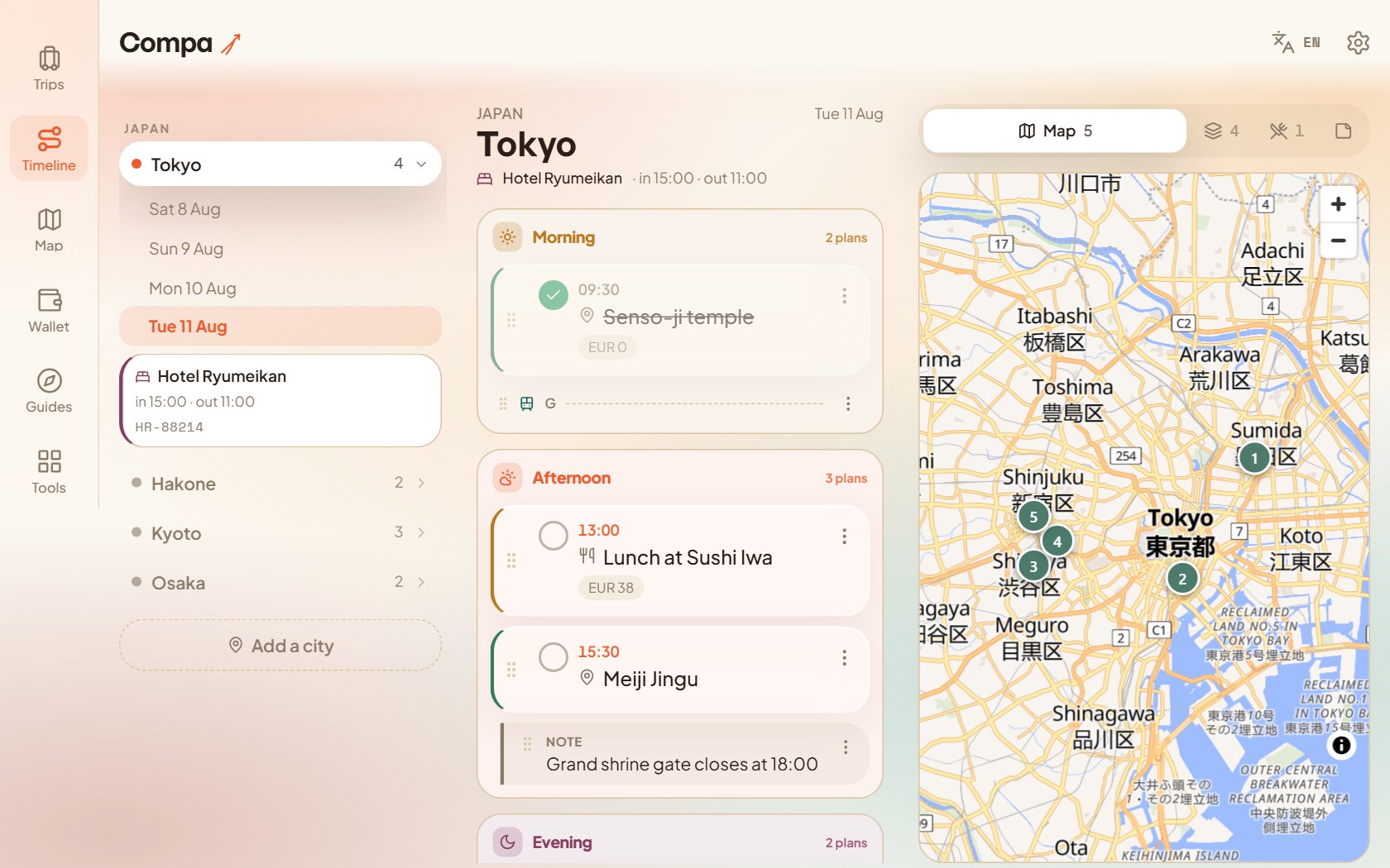 Planning a day in Tokyo in Compa on a laptop: the cities and days on the left, Sunday's plans in the middle, the places saved for Tokyo on the right.